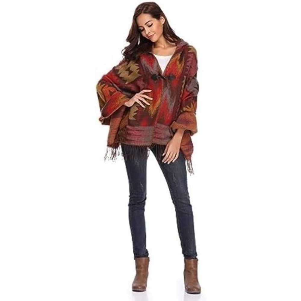 Women's Aztec Print Bohemian Blanket Poncho Cape Shawl Tassel w/ Hoodie Cloak OS